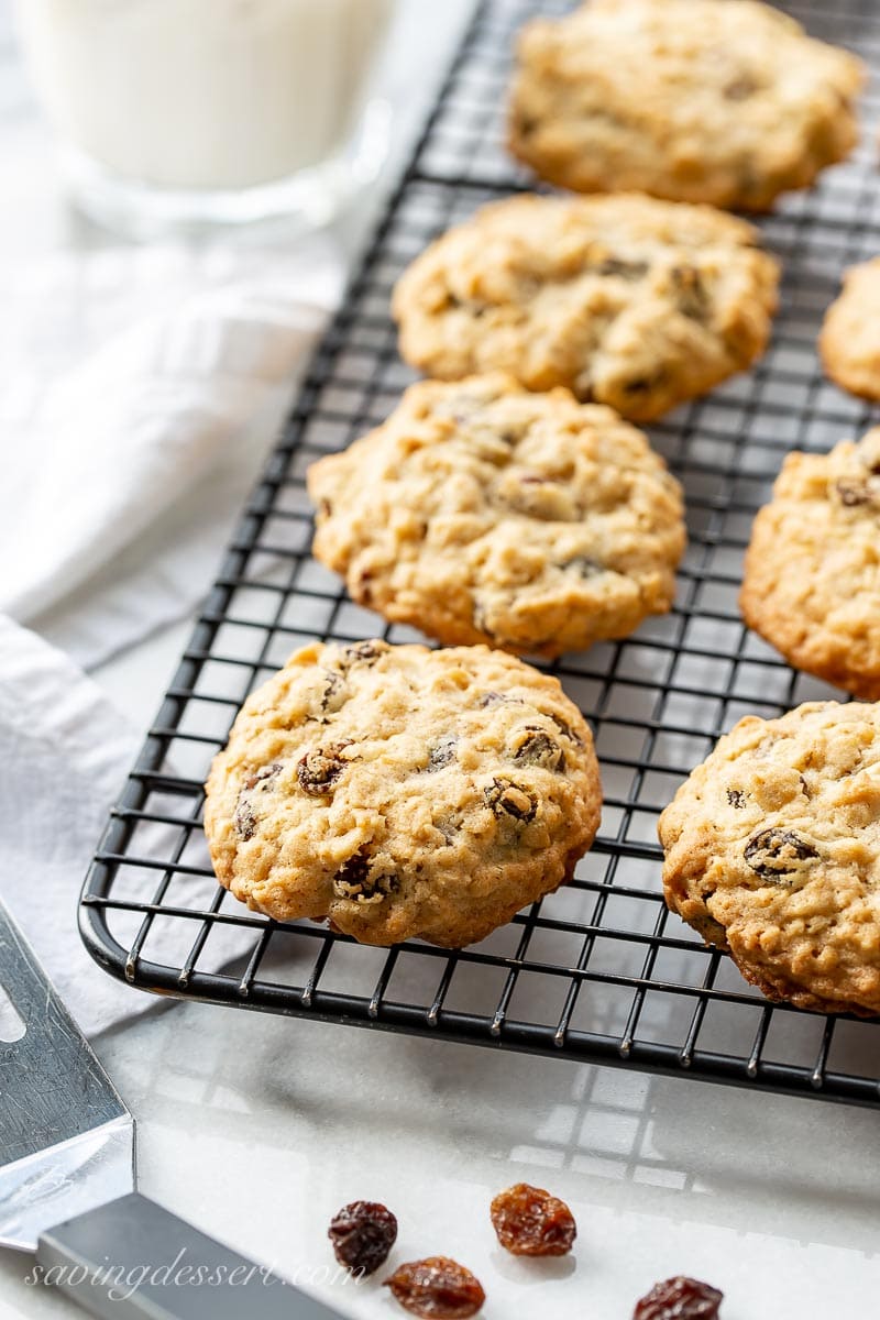 A cooling rack with oatmeal raisin cookies