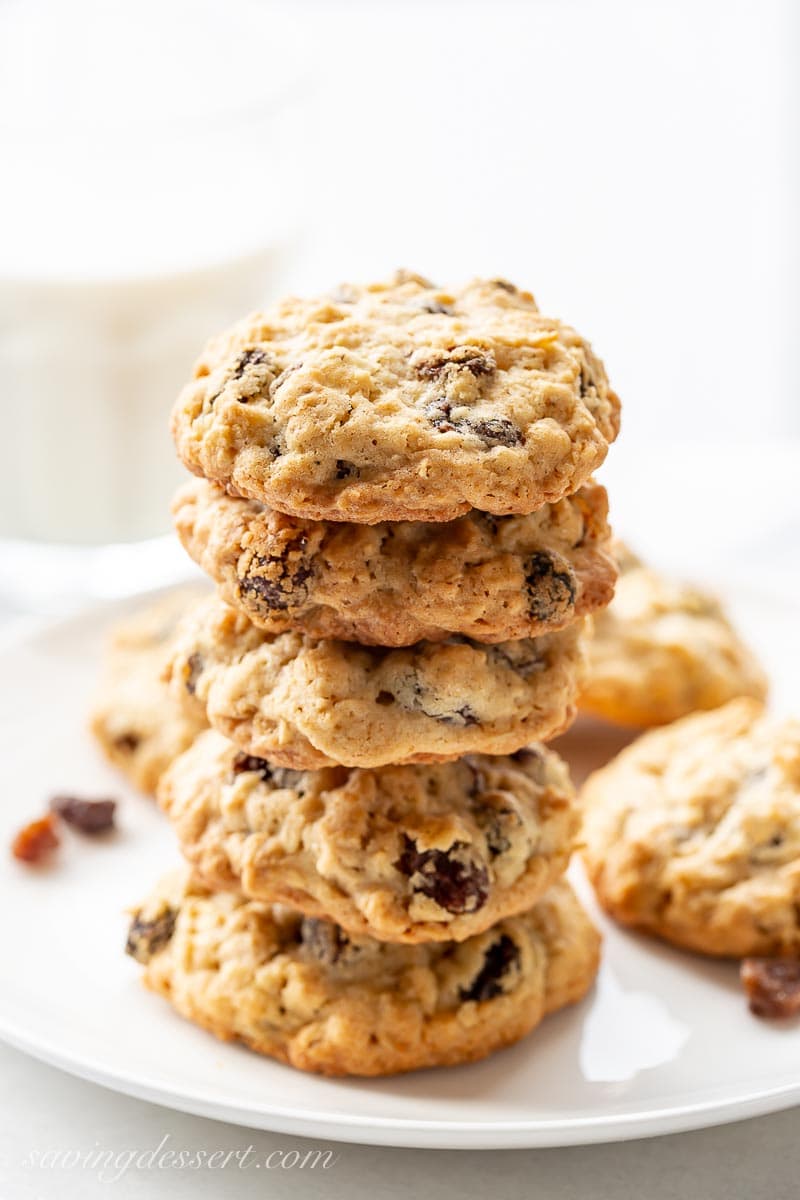 A stack of oatmeal raisin cookies on a plate