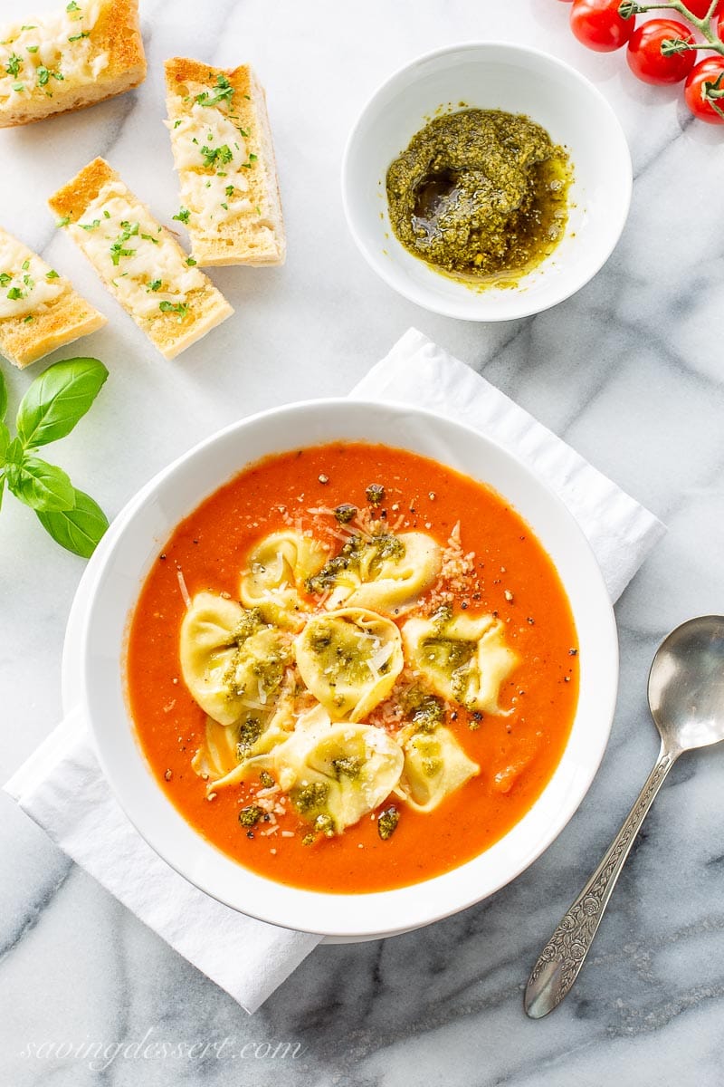 Tortellini Tomato Soup with pesto served with garlic cheese toast 