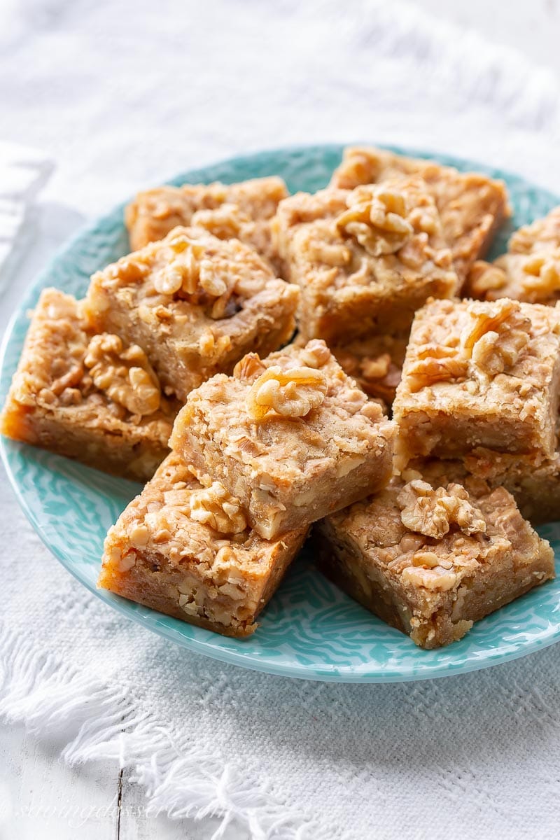 A plate of walnut toffee bars