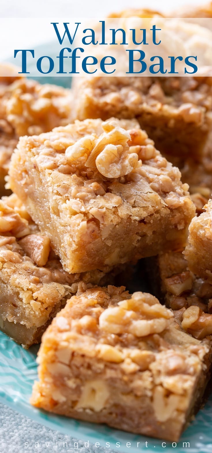 A stack of walnut toffee bars on a plate