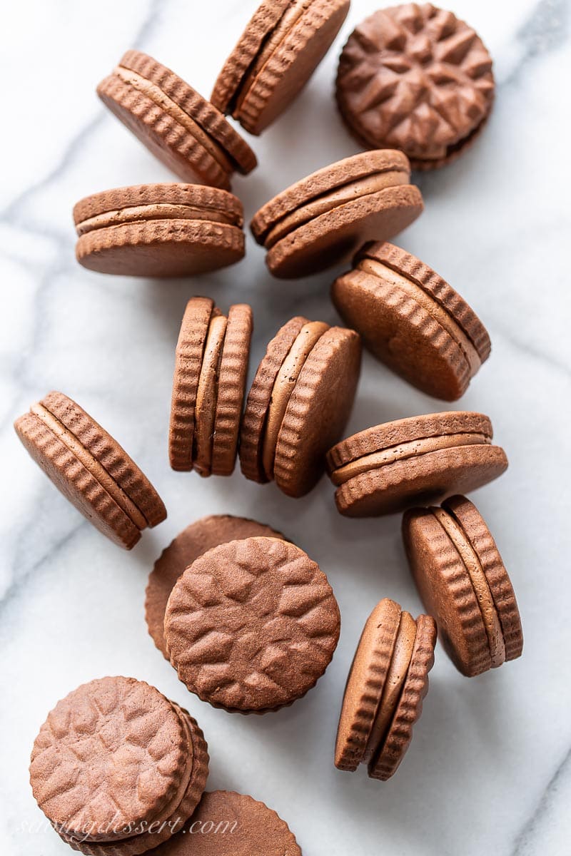 An array of chocolate creme filled cookies