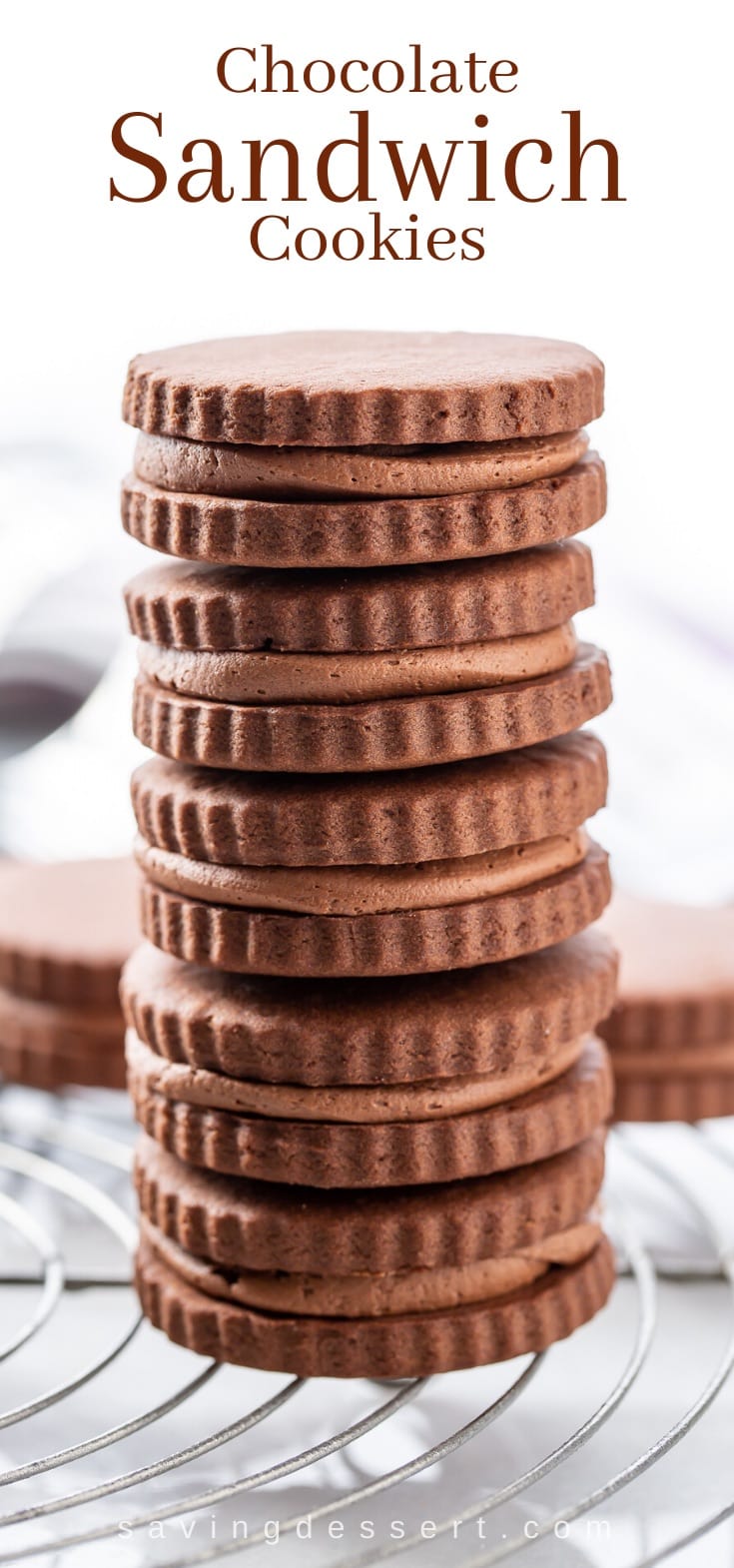 A stack of chocolate sandwich cookies