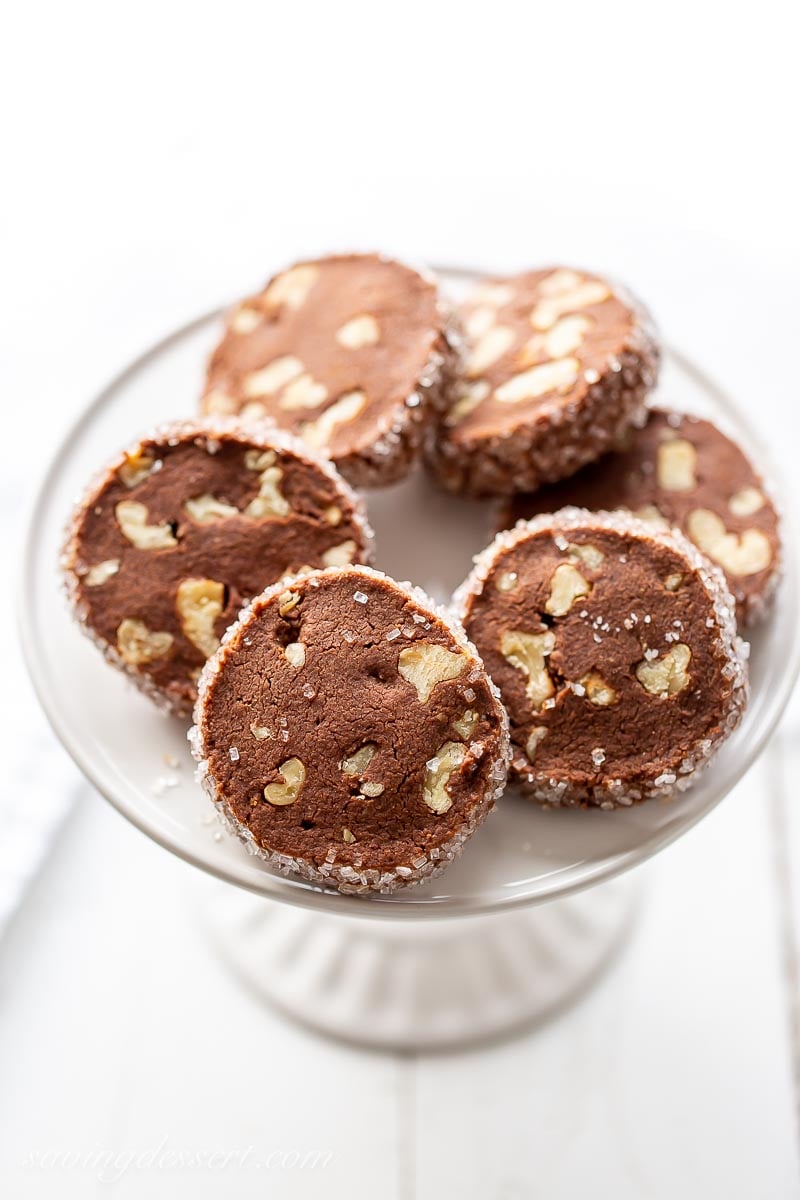 Chocolate shortbread cookies on a cake stand