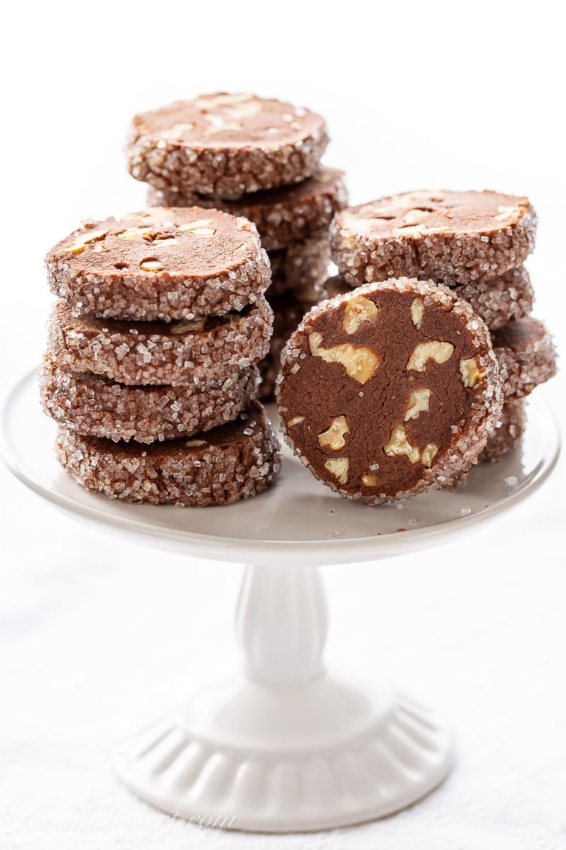 Chocolate Shortbread Cookies in a stack on a mini cake stand