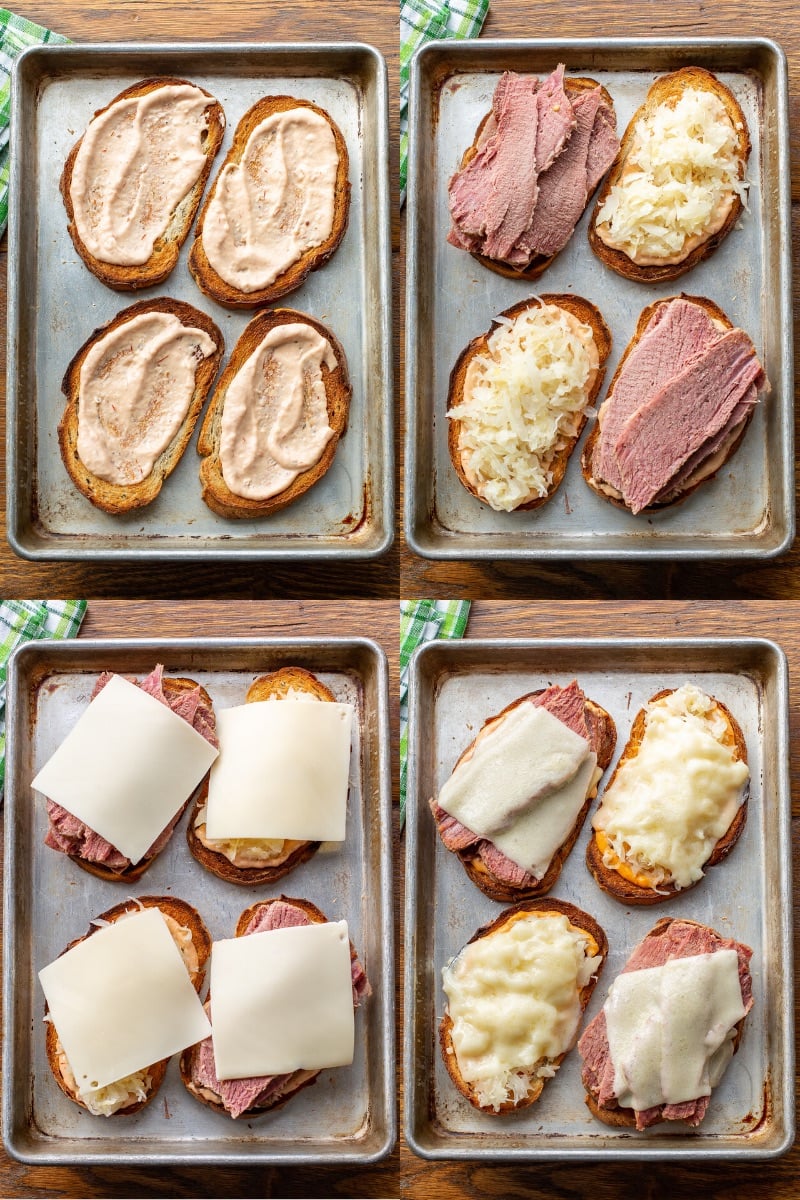 A collage of photos showing the progressing of making a Reuben sandwich