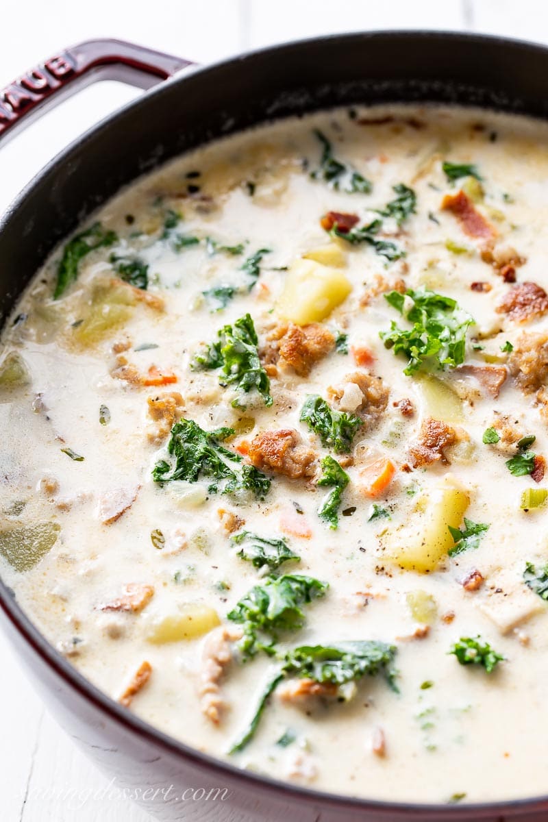 A pot of Italian Zuppa Toscana soup with kale and potatoes