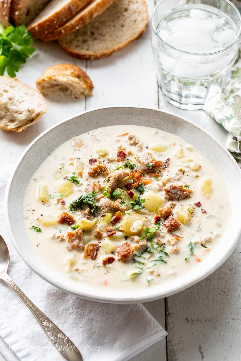 A bowl of Zuppa Toscana Soup with kale, bacon and sausage