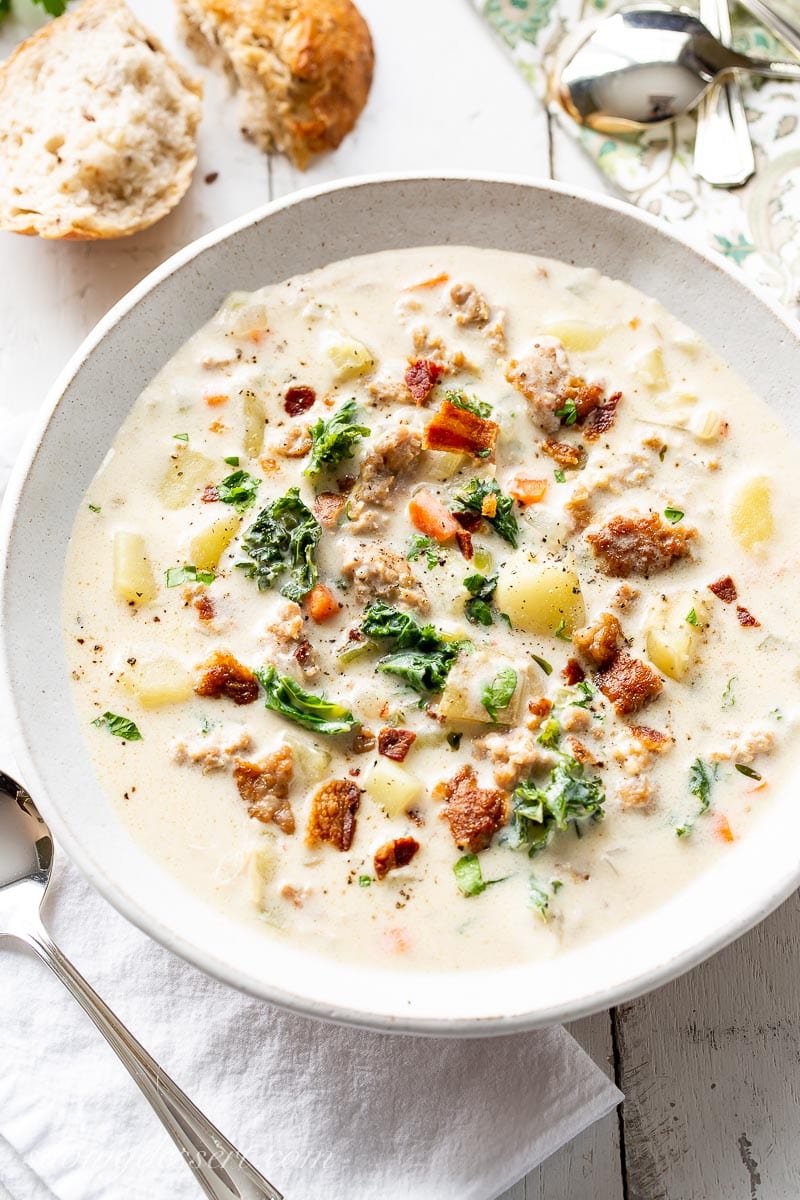 An overhead view of a bowl of Zuppa Toscana Soup with kale and potatoes