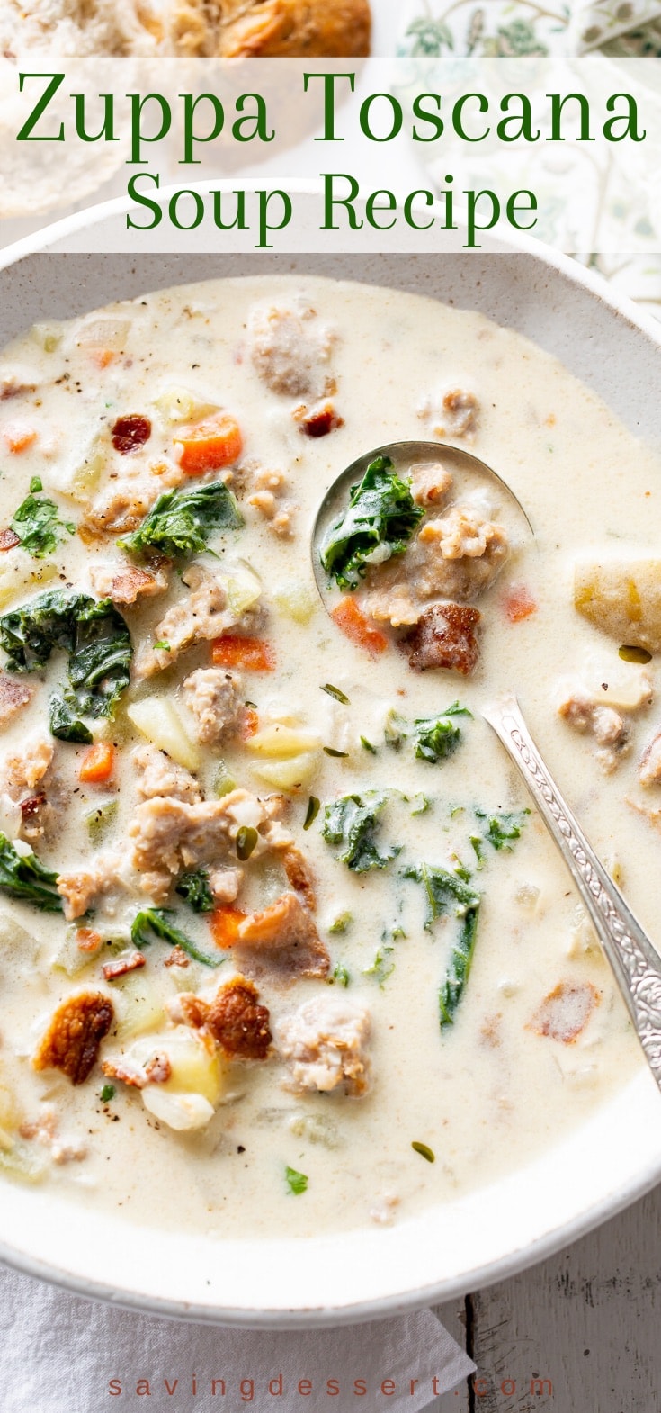 A closeup of a bowl of Zuppa Toscana Soup garnished with bacon