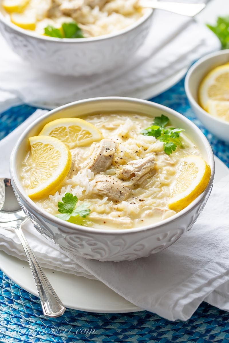 A close up of a bowl of avgolemono soup