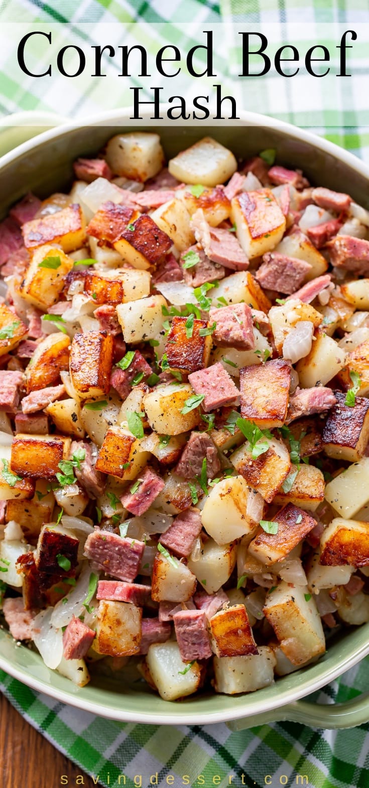 A casserole dish filled with homemade corned beef hash