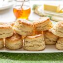 A platter of stacked buttermilk biscuits