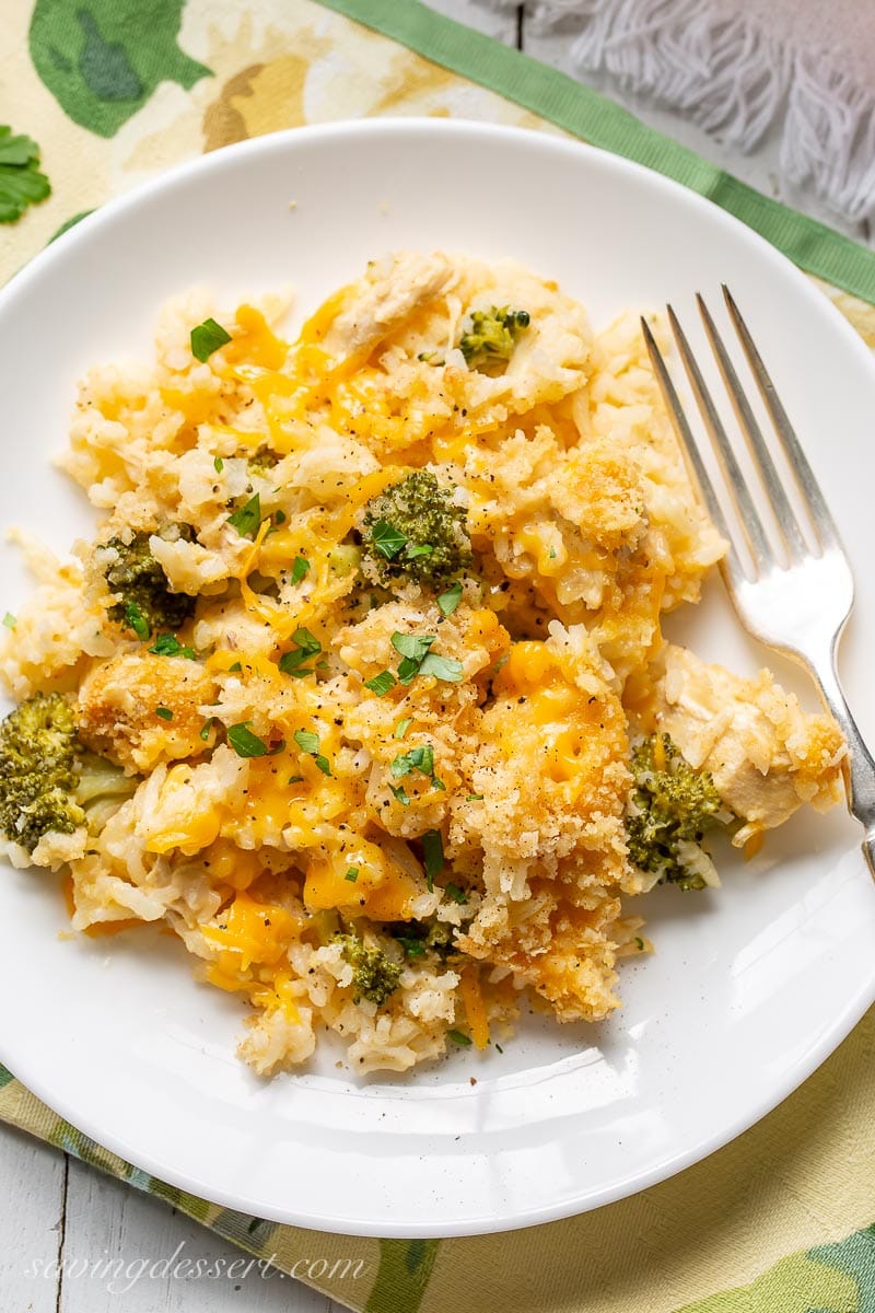 A plate of broccoli, chicken and rice casserole 