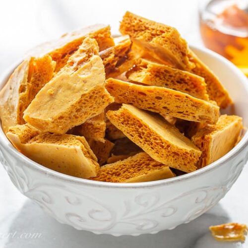 A bowl of homemade honeycomb brittle candy