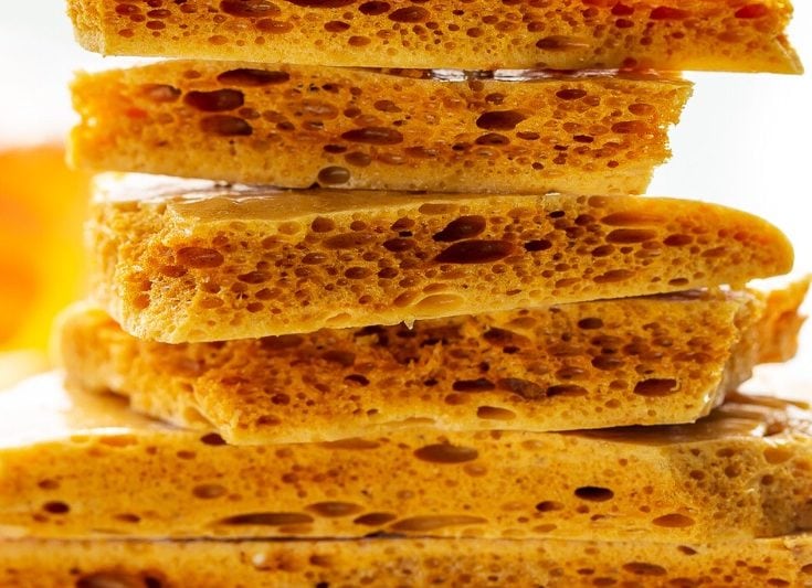 Front and up close view of stacked Honeycomb Candy.