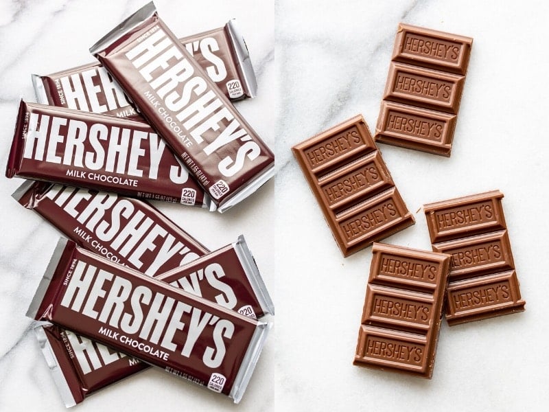 A collage of Hershey's chocolate bars wrapped, and unwrapped and broken into pieces