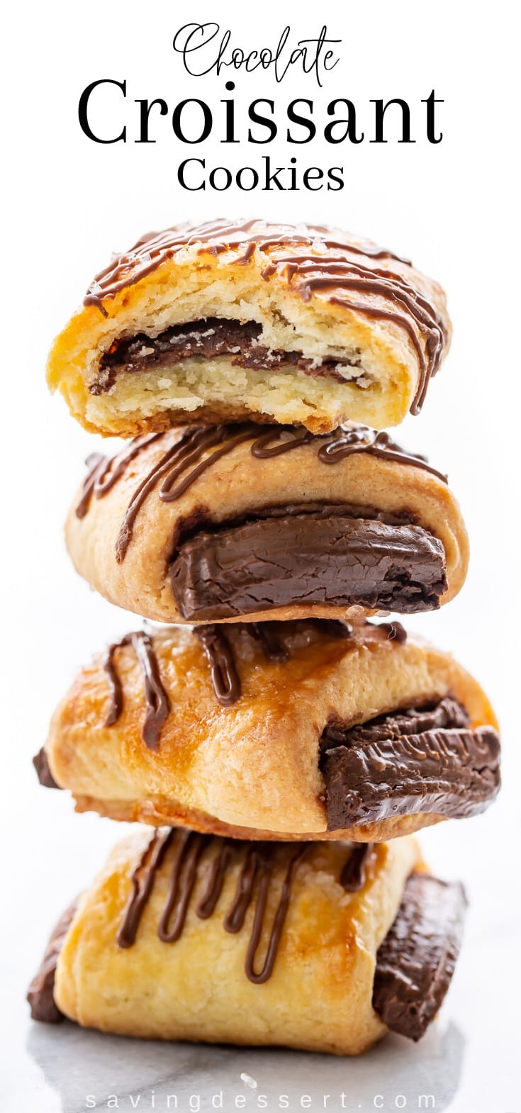 A stack of chocolate drizzled croissant cookies