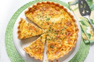 overhead view of baked quiche lorraine