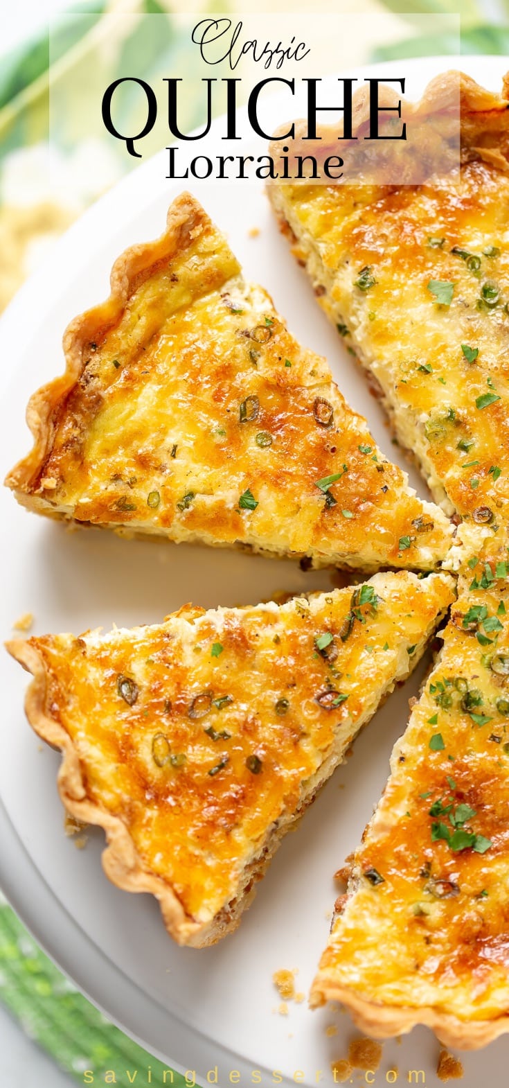 Sliced quiche on a platter