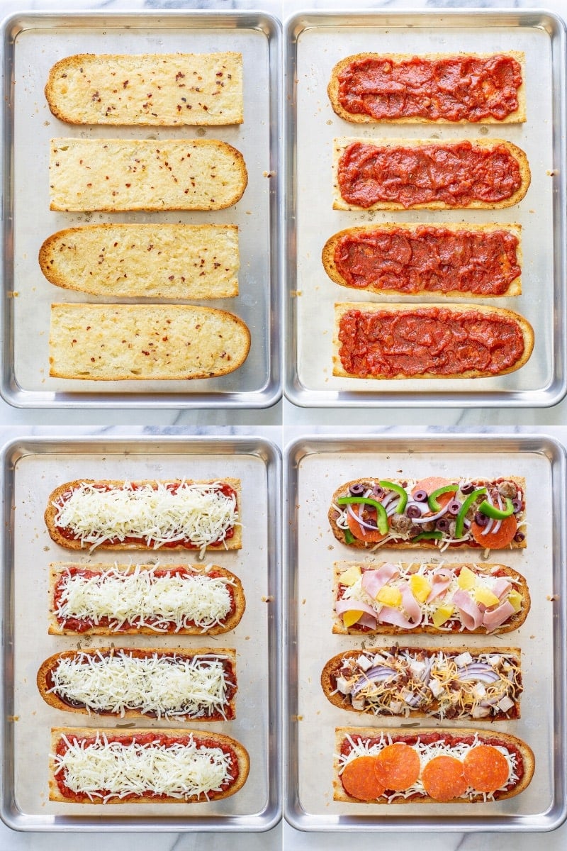 A collage of French bread pizzas buttered and toasted, topped with sauce, cheese and a variety of pizza toppings