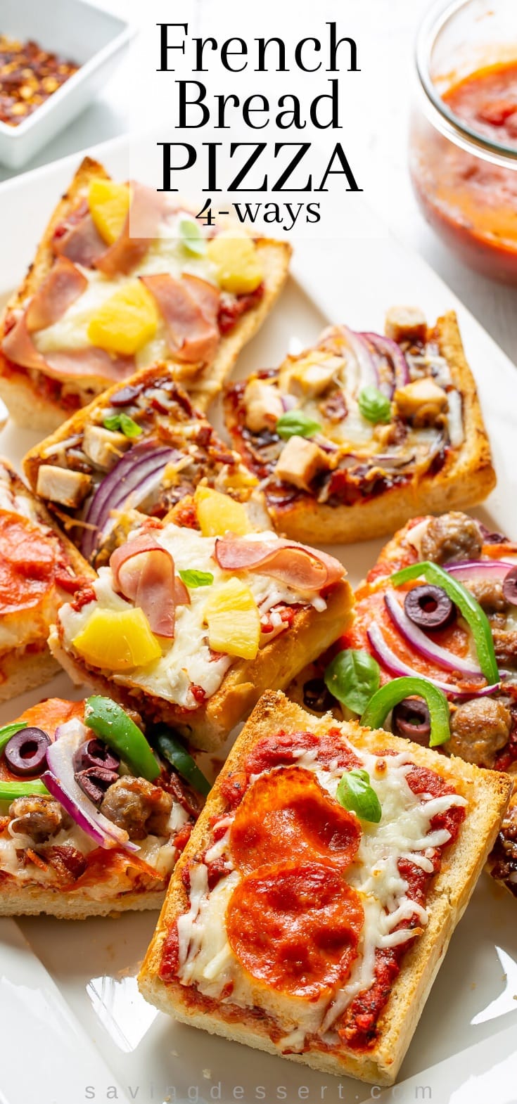 Individual slices of French bread pizza with pepperoni, pineapple, ham and other toppings