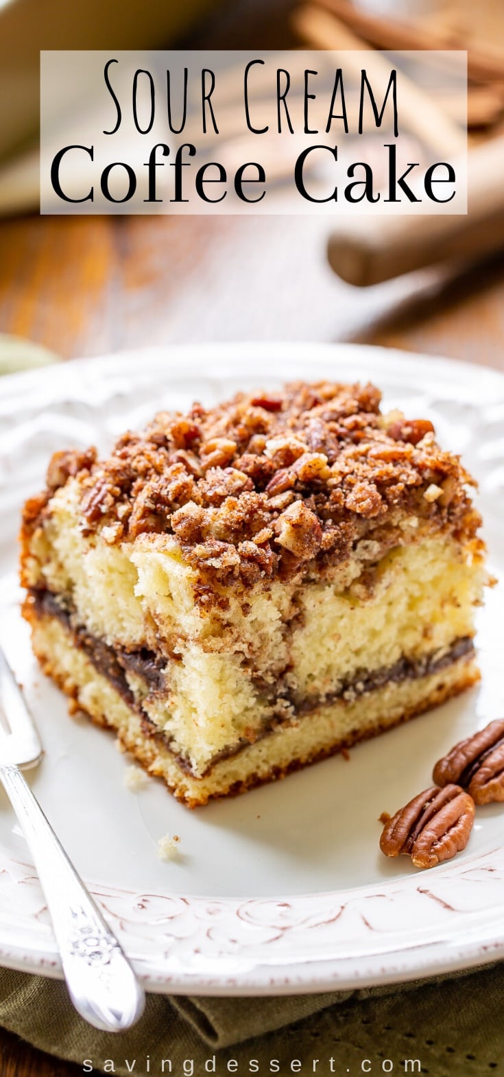 A square piece of cake topped with cinnamon pecan streusel with a ribbon of cinnamon through the middle.