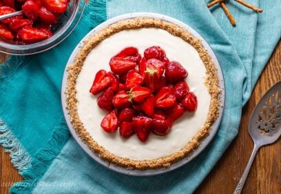 overhead view of strawberry cream cheese pie