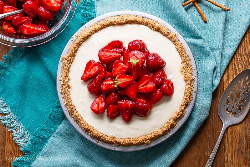 overhead view of strawberry cream cheese pie