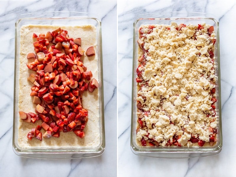 A collage of photos showing the process of making strawberry rhubarb crumble bars before baking