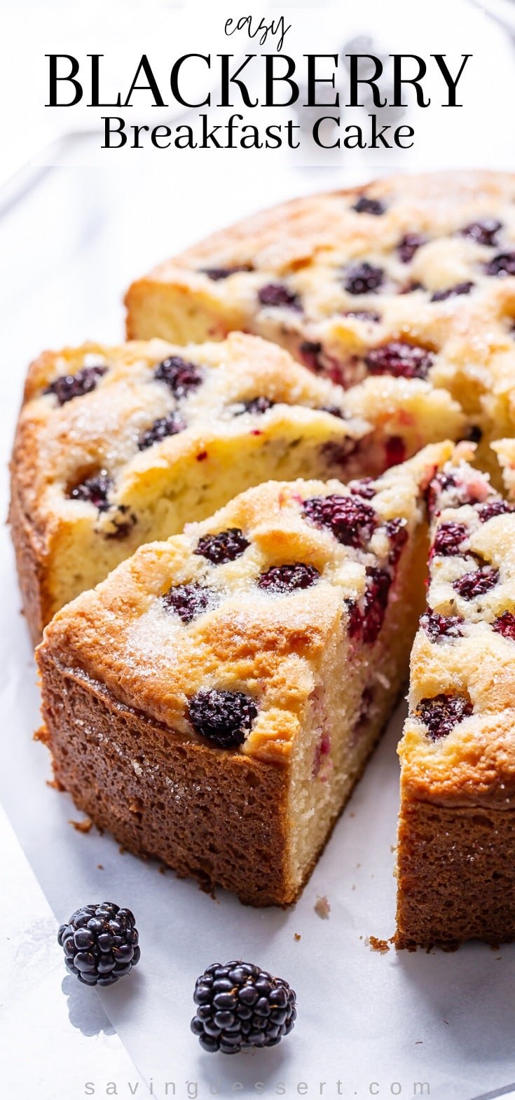 A side view of a blackberry breakfast cake sliced into individual servings