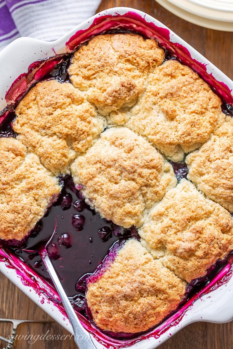 Blueberry cobbler with a golden brown biscuit topping