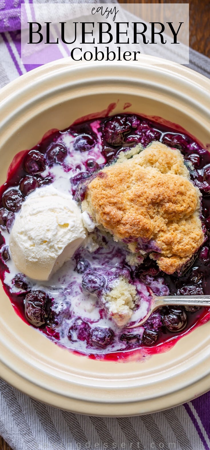An overhead view of a bowl of blueberry cobbler with ice cream and a golden brown biscuit topping 