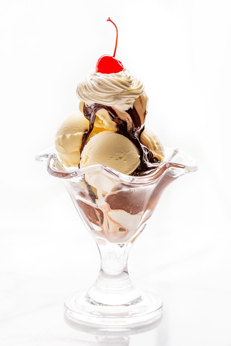 A hot fudge sundae with whipped cream and a cherry on top
