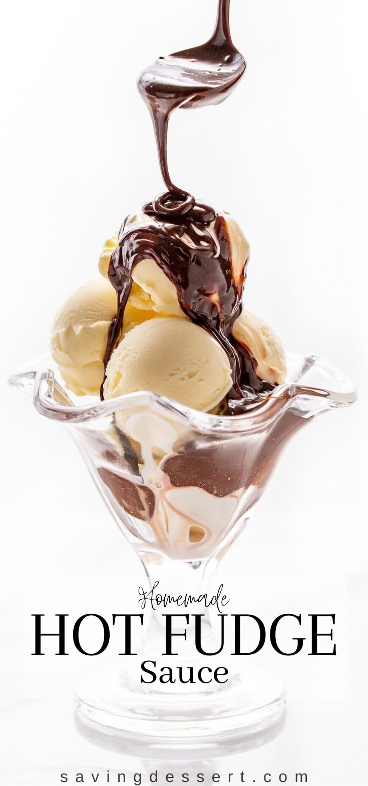 A hot fudge sundae with a ladle of chocolate sauce being poured over the top