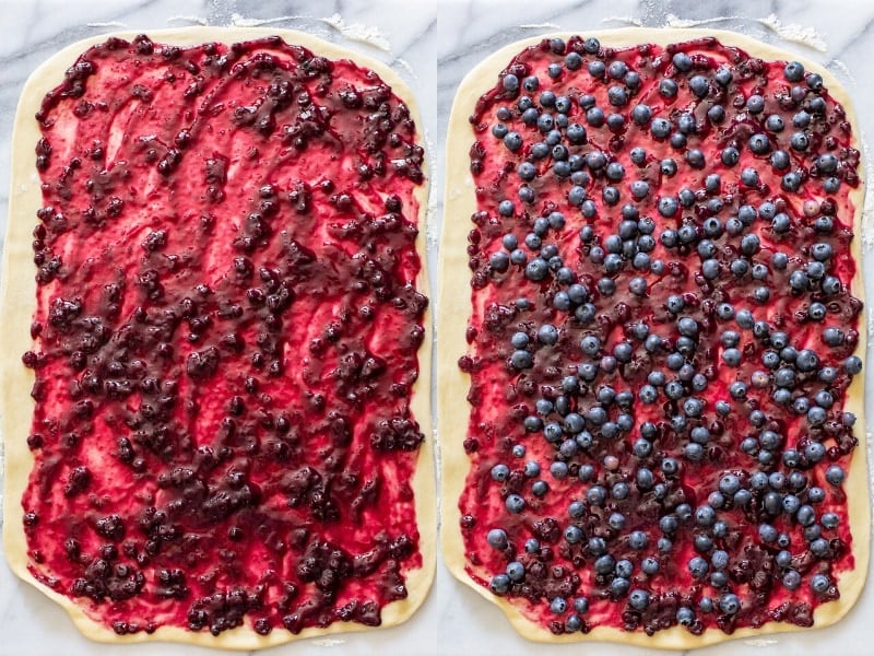 A collage of two photos showing sweet roll dough rolled into a rectangle topped with jam and blueberries