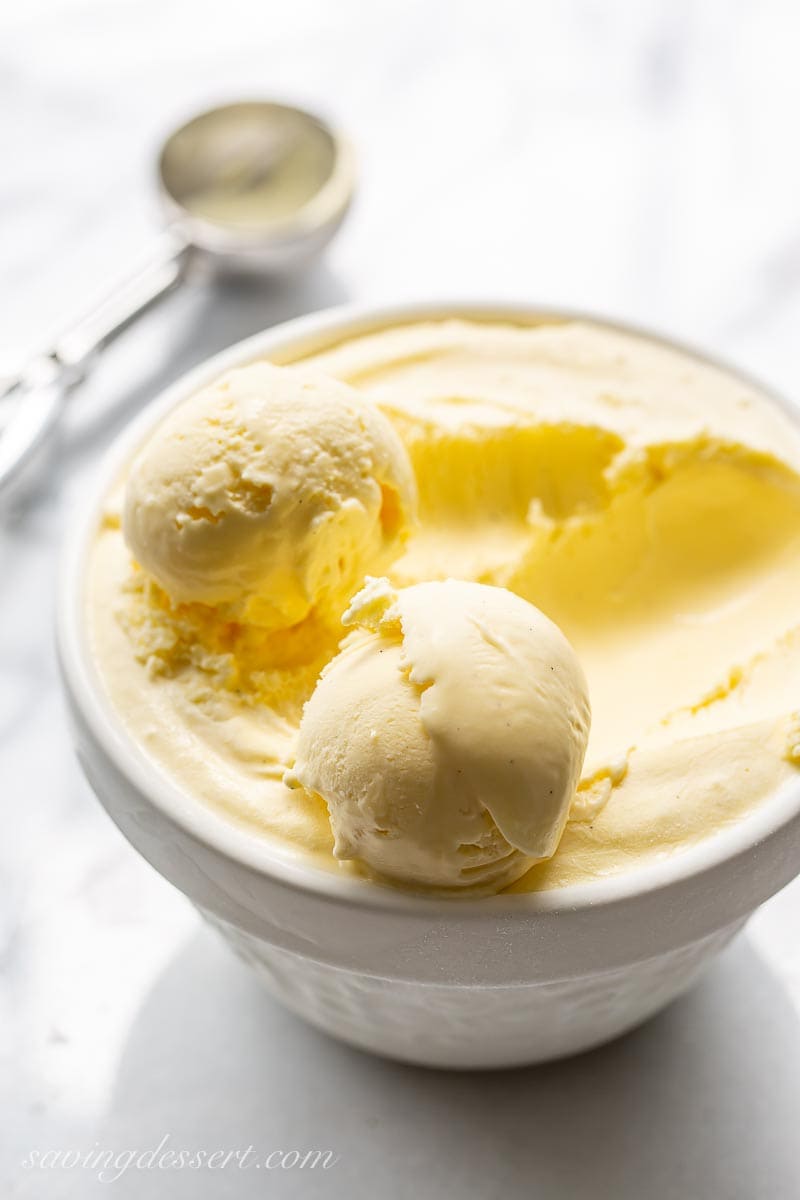 A white bowl filled with pale yellow frozen custard with two scoops sitting on top