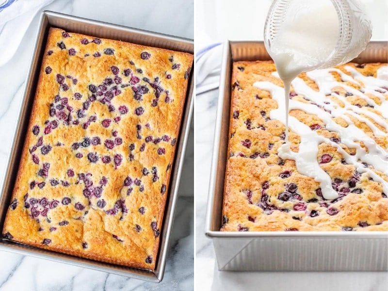 A collage of photos of a cake being drizzled with a white buttermilk glaze