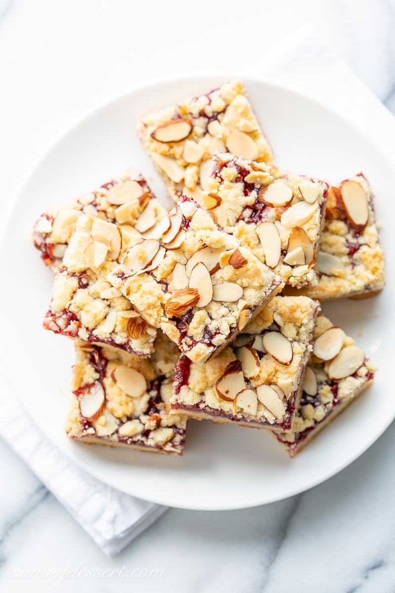 An overhead view of a place of almond jam squares