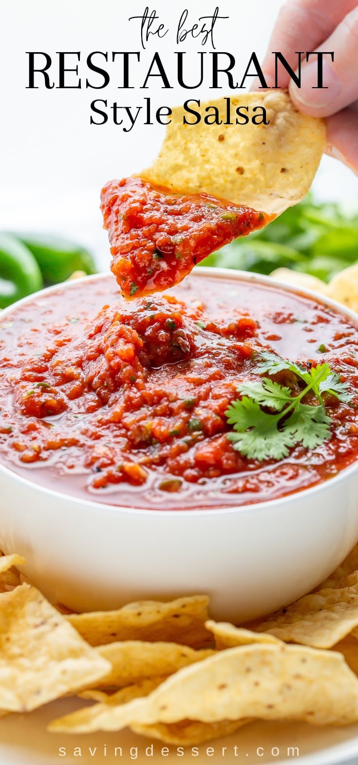 A chip with a scoop of salsa over a bowl