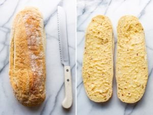 A loaf of Italian bread whole and sliced in half and buttered