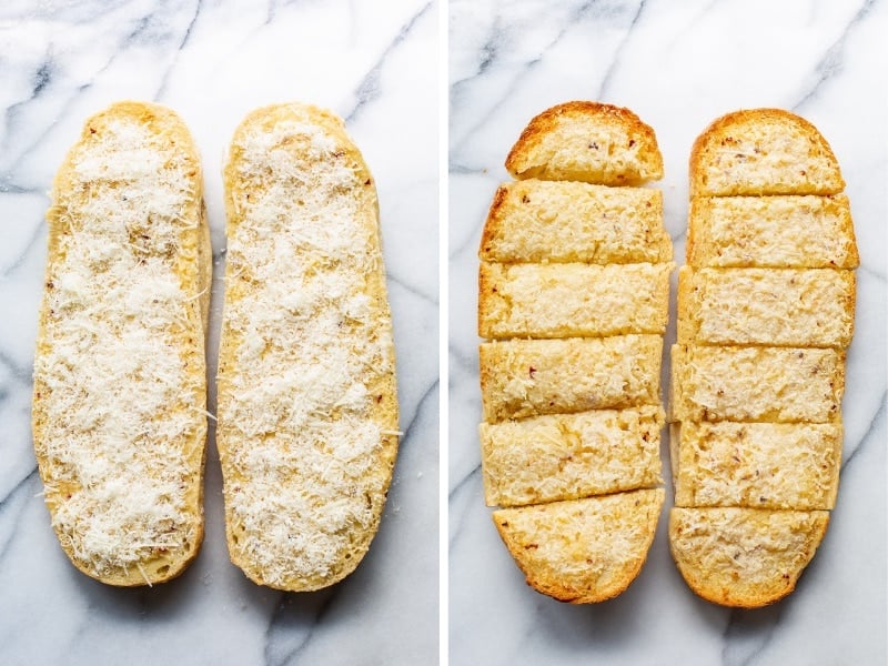 A loaf of garlic bread with cheese and another sliced and toasted