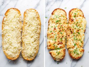 A collage of photos of a sliced loaf of buttered bread toasted with cheese