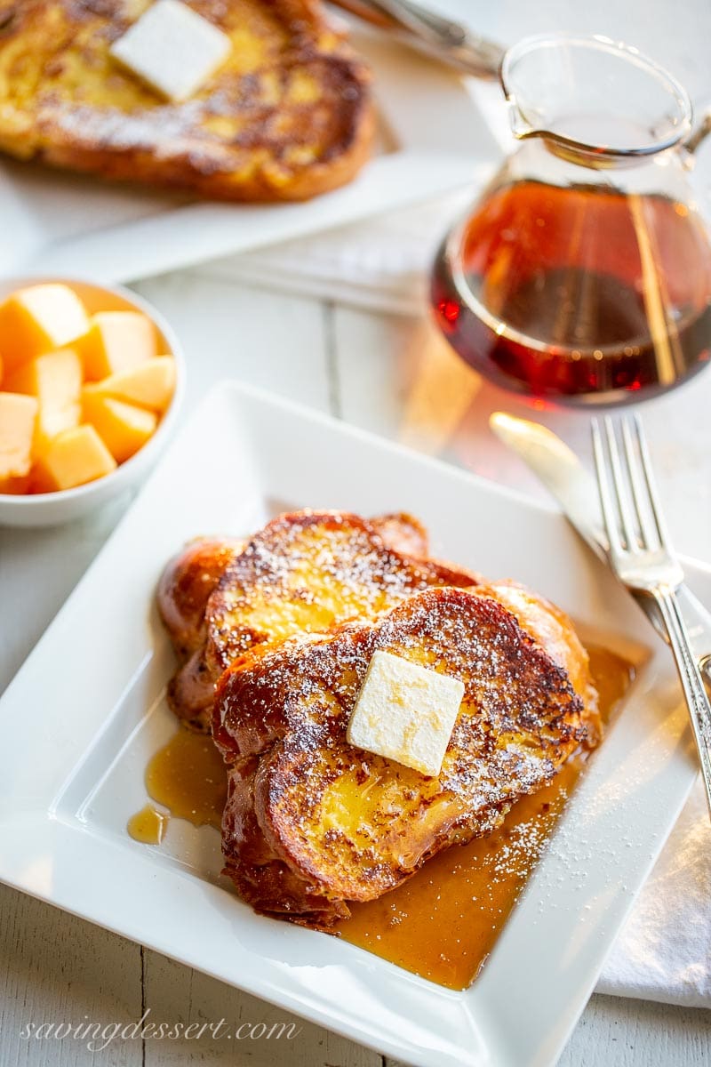 French toast, syrup and cantaloupe 