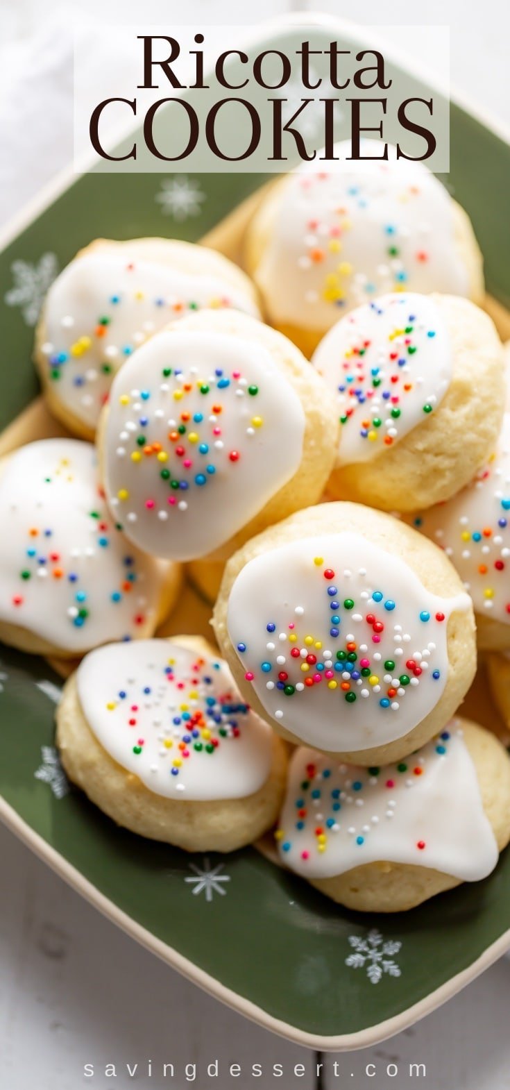 Soft lemon flavored Ricotta Cookies with a lemon glaze and colorful sprinkles