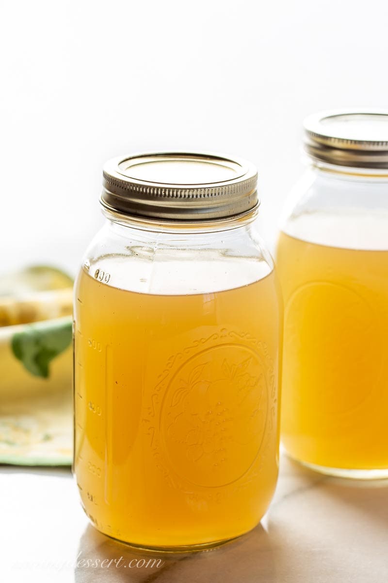 Large jars filled with homemade broth