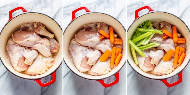 Collage of photos showing a Dutch oven filled with pieces of chicken and vegetables