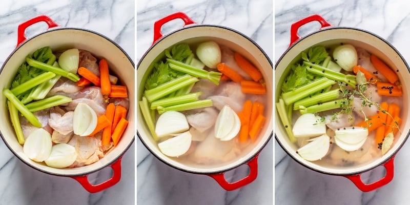 Collage showing onions, carrots and celery in a large Dutch oven