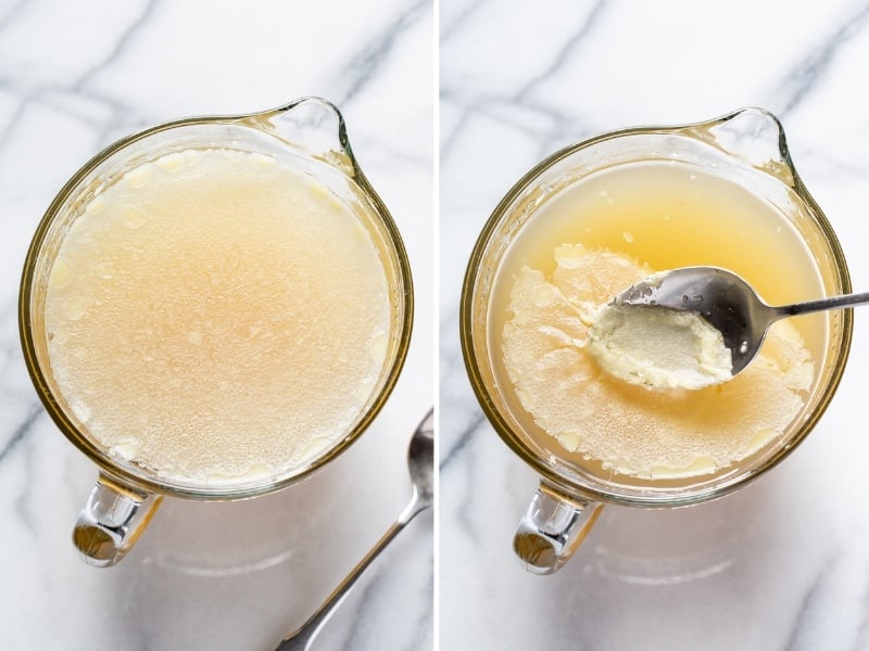 Collage of photos showing chicken broth with chicken fat skimmed off the top