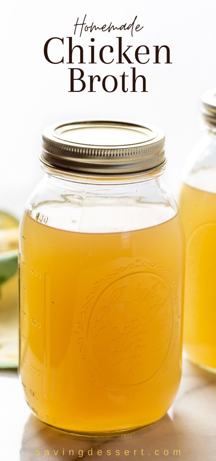 A closeup of a jar of homemade broth